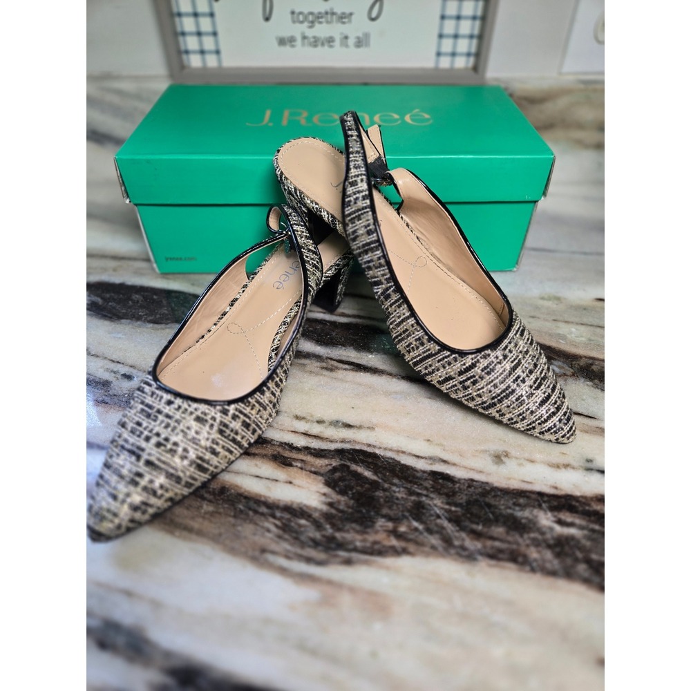 J.‎ Renee Womens Metallic Tweed Slingback Kitten Heel Pointed Toe Pumps Black 8M